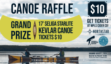 Canoe Raffle $10 at Minneapolis Cider - graphic with canoe paddlers on BWCA lake